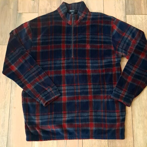Nautica mens sz XL Plaid 1/4 Zip Fleece Pullover Jacket Canada navy red Vintage - Picture 1 of 7